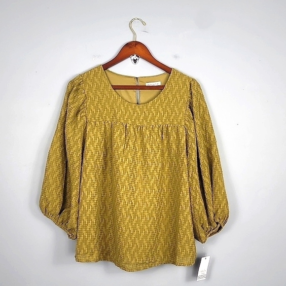 Ophelia Roe Smocked Bohemian Women's Mustard Green Flowy Balloon Sleeve Blouse - Picture 1 of 8